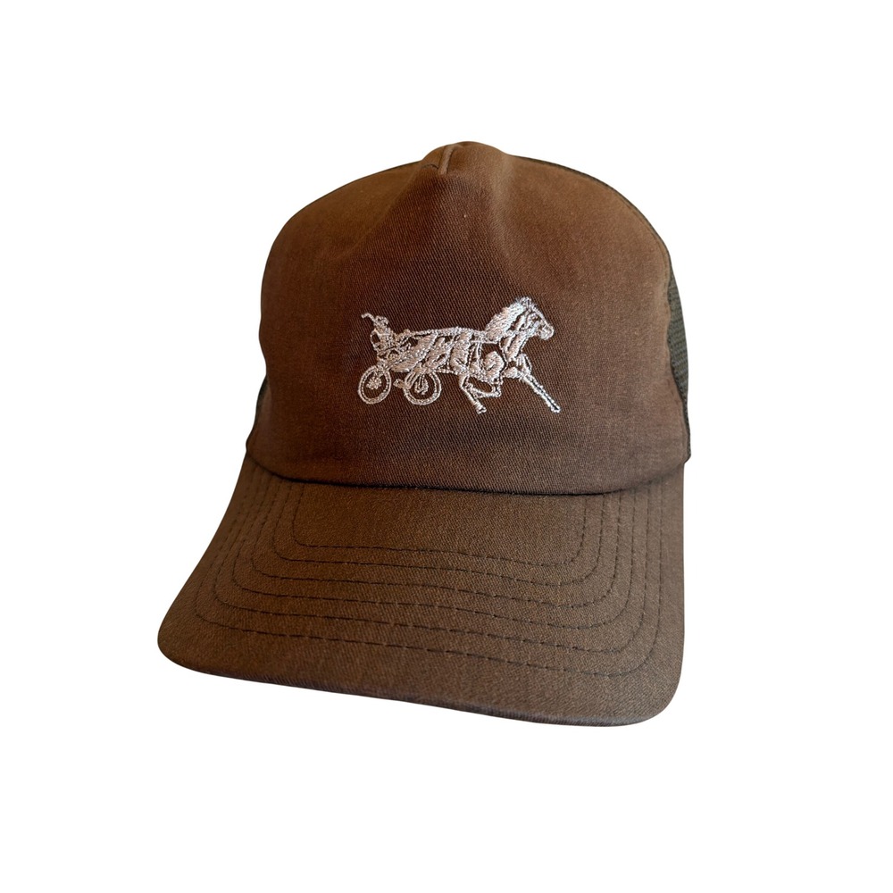 Trucker Hat Brown Horse Carriage Graphic Snapback Mesh Cap Vintage